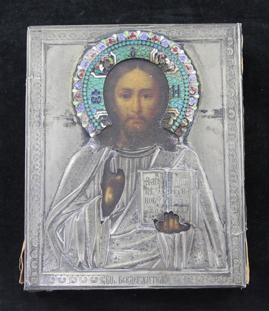 Russian School Icon depicting Christ Pantocrator, with enamelled silver oklad, 7 x 5.75in.